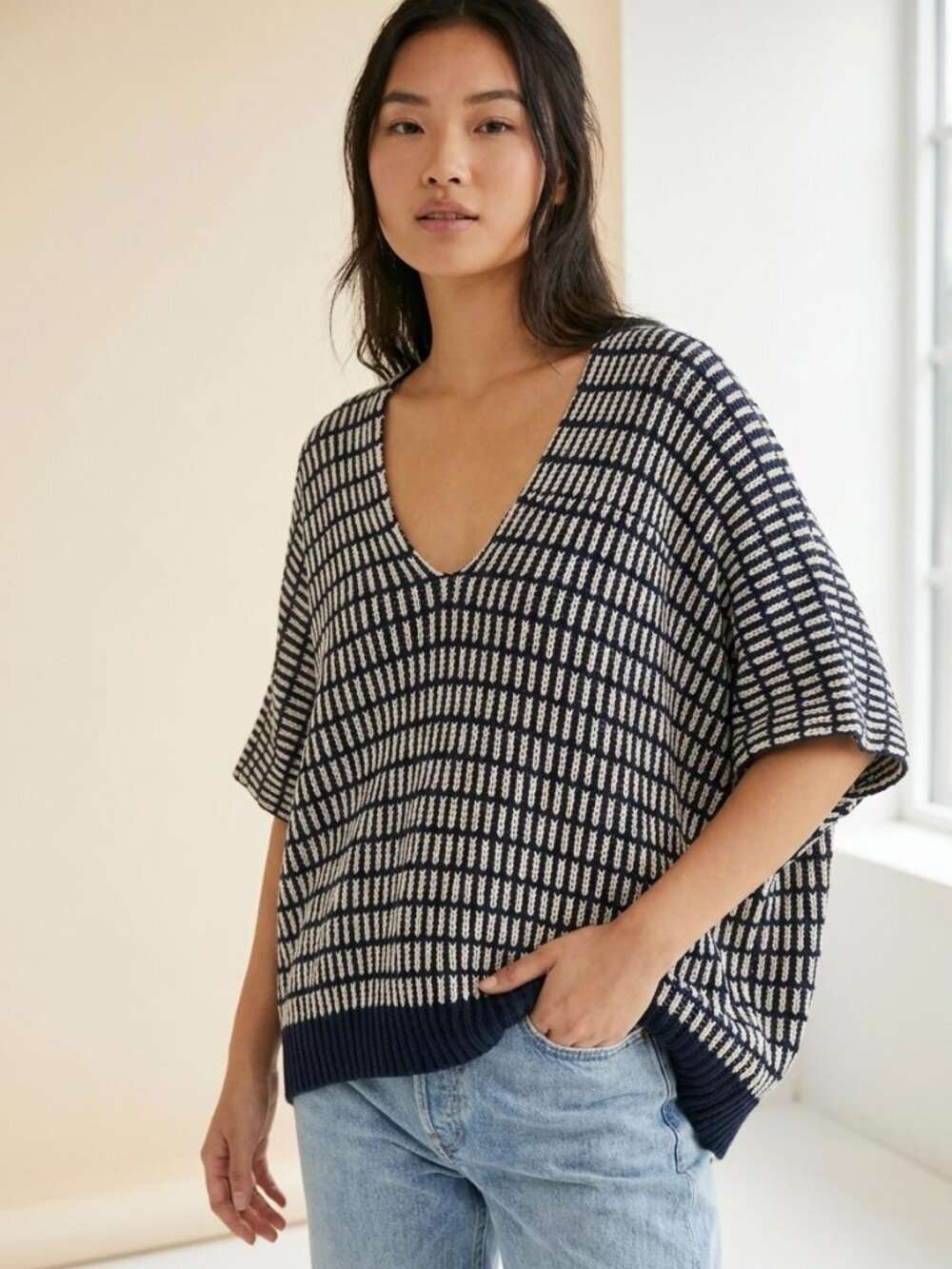 Free People Knit Poncho Navy White Geometric